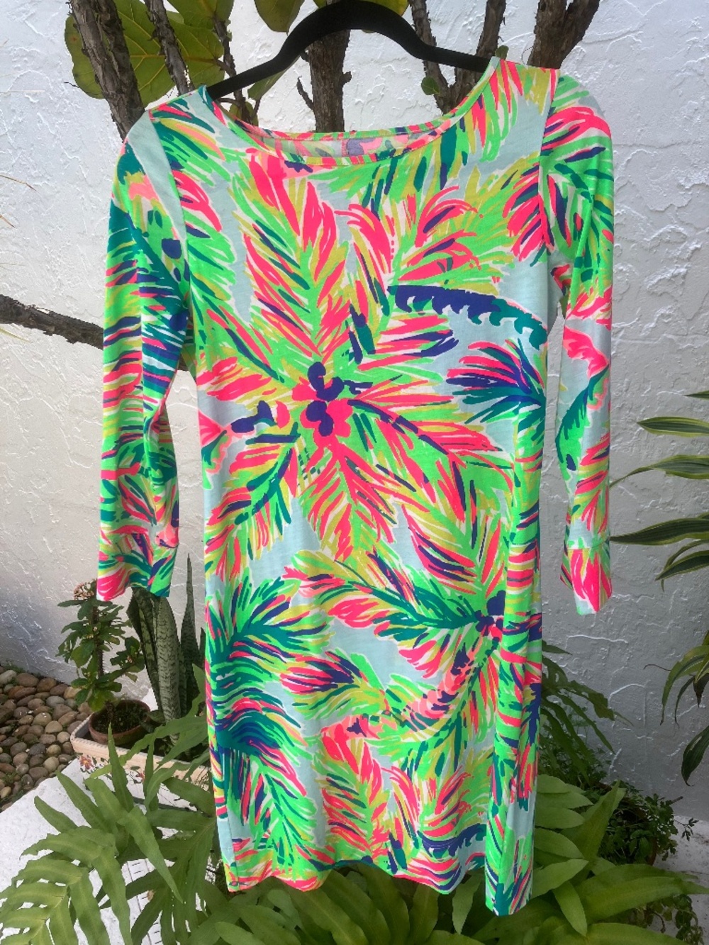LILLY PULITZER T-SHIRT DRESS ‘Island Time’ Tropical Palm Print XS Excellent Cond